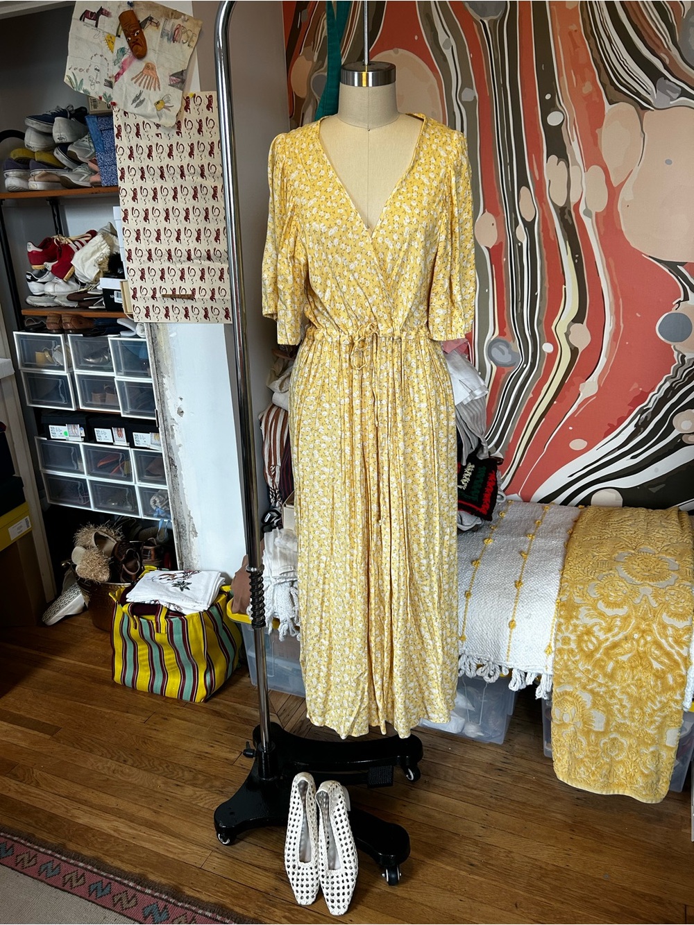 Christy Dawn Floral Yellow Wrap Maxi Dress with Tie Waist